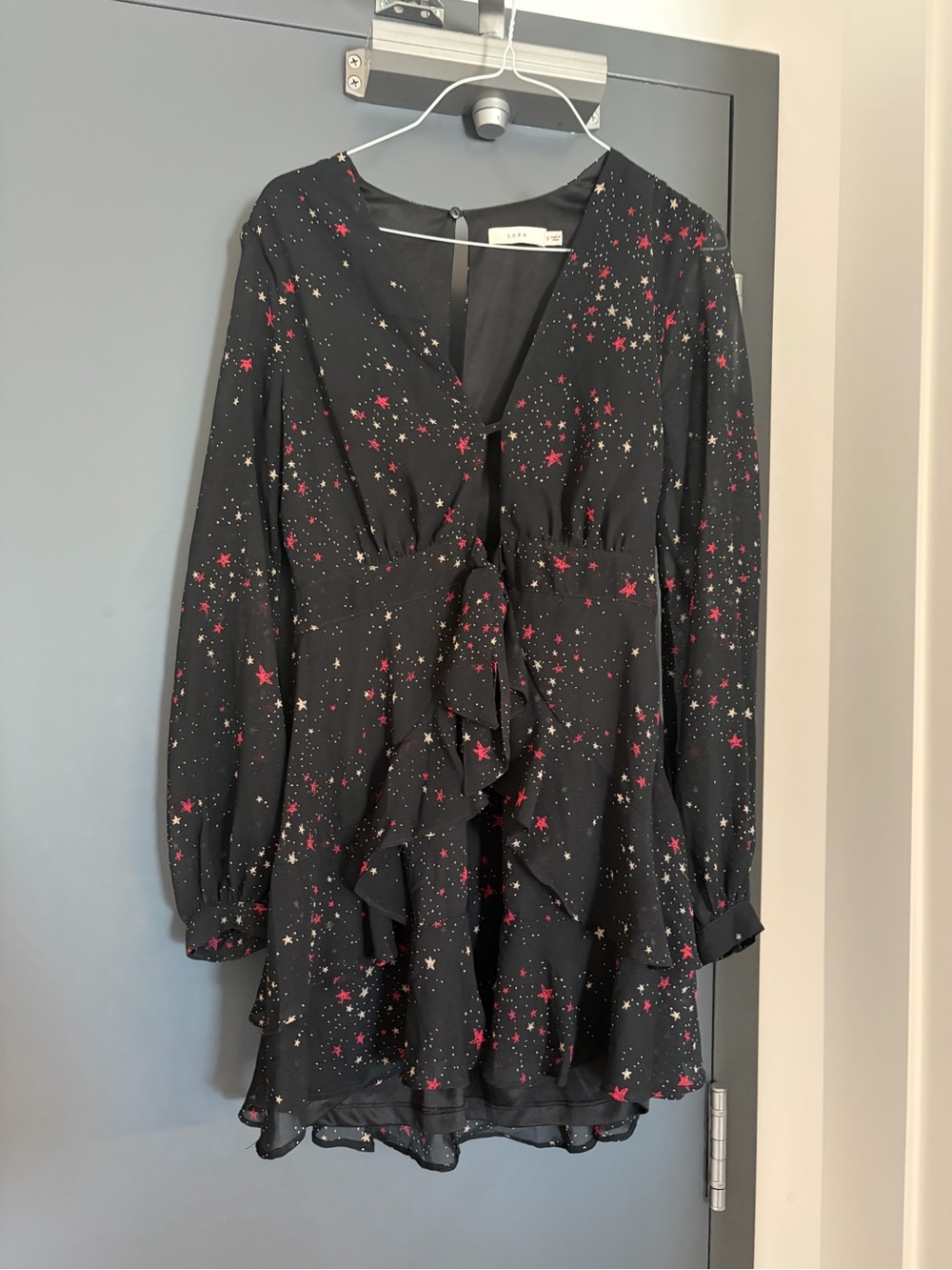 Lush Black Star Print Mini Dress with Pink & Gold Accents Small